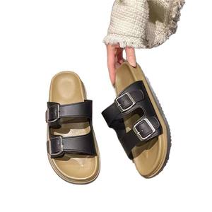 Sandales ouvertes multifonctionnelles à semelle épaisse en cuir véritable pour femme, style plage américain, avec amorti et semelle extérieure en caoutchouc - Product Image 1