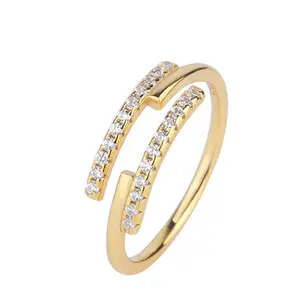 Trendi wanita 925 perak murni dapat disesuaikan terbuka Cz kubik zirkonia mikro Pave berlapis emas cincin pernyataan perhiasan