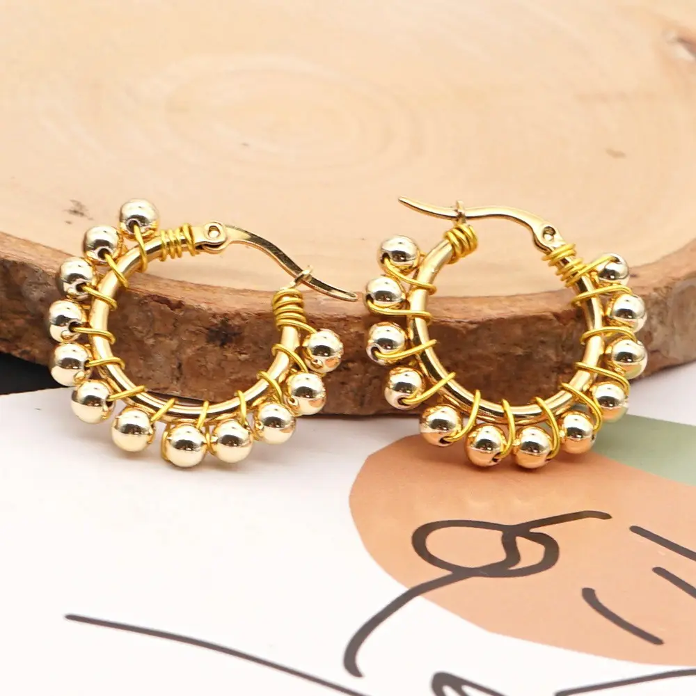 French Style Trendy Jewelry Boho 4CM Gold Acrylic Beaded Studs Big Hoop Earrings Women