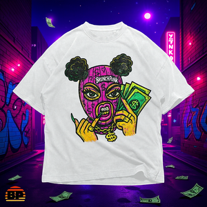 Maglietta Oversize Y2K Streetwear con Grafica BrunchPunk Cash Bandit Balaclava Girl, T-Shirt Rosa con Maschera da Sci e Cartone Animato Denaro per Donne - Product Image 3