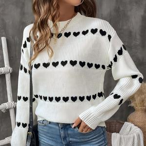 Pullover da donna a girocollo Euro-americano lavorato a maglia con motivo a cuore rosso nero - Product Image 1