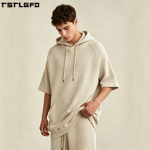 Cut And Sew Waffle Texture <b>Hoodie</b> <b>Short</b> <b>Sleeve</b> Raglan Heavyweight Vintage Baggy Oversized Streetwear Pullover Wholesale - Product Image 4
