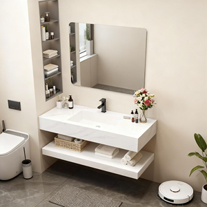 Mobiletto da <span class=keywords><strong>bagno</strong></span> a parete <span class=keywords><strong>in</strong></span> stile europeo <span class=keywords><strong>con</strong></span> piano di lavoro <span class=keywords><strong>in</strong></span> marmo, lavandino e specchio a LED - Product Image 3