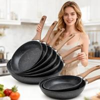 Batterie de cuisine antiadhésive personnalisable en usine, revêtement marbre aluminium, ensemble de poêles à frire et poêles plates 20 28