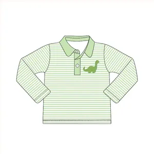 Großhandel Baby Boys Langarm grüne Streifen Dinosaurier Polos hirt Kinder Baumwolle Bambus Smocked Stickerei T-Shirts