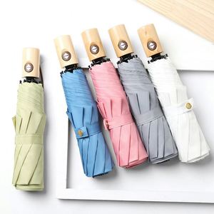 Nouvelle tendance, style simple, parapluie compact pliable en 3 sections avec poignée en bois massif, coupe-vent et imperméable, idéal pour la publicité - Product Image 1