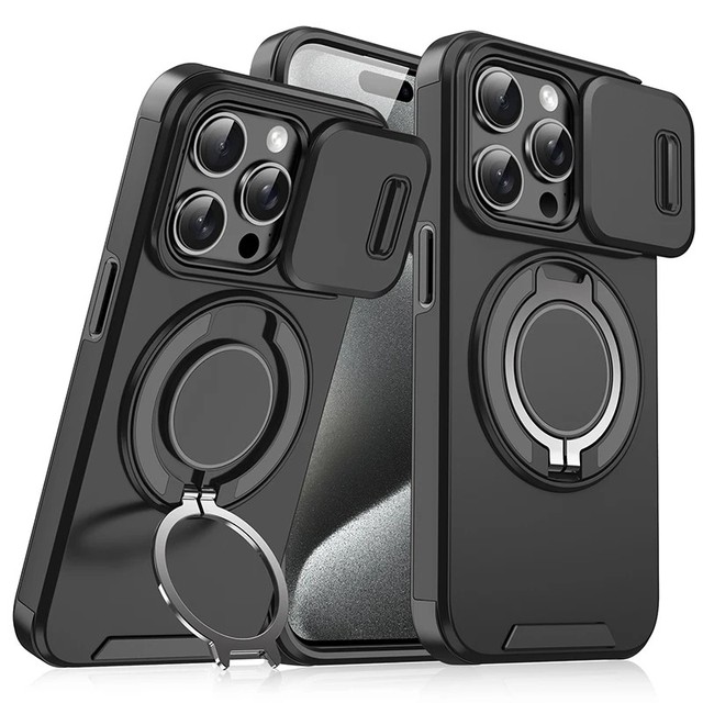Sliding Camera Cover Magnetic Kickstand Case for iPhone 16 Pro Max 360 Rotating Ring Holder Shockproof Protective Phone Cover