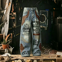 Jeans en denim délavé vintage avec patchs en cuir et détails rivetés, coupe ample, pantalon streetwear pour hommes, vente en gros B2B, approvisionnement en vrac