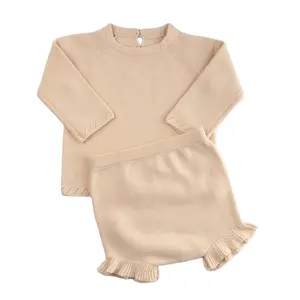 Custom Knitting Cotton Sweater Baby Girls Knitwear Newborn Solid Color Set Kids Knitted Sweater Ruffle Shorts 2 Pieces