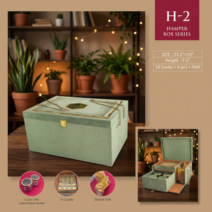 Handcrafted <b>Box</b> Series 13.5x10x7.5 Inch Green Wooden <b>Gift</b> <b>Box</b> with 16 Cavity 4 Jars and Dryfruit Potli Handmade Rectangle Design - Product Image 1