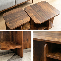 Table basse moderne en bois de récupération avec base géométrique croisée, rangement multi-niveaux, pliable pour salon et maison