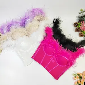 Vua McGreen Sao Đà Điểu Lông Fluffy Xương Cá Strapless Áo Choàng Corset Cinched Eo Giảm Béo Backless Dây Đeo Lông