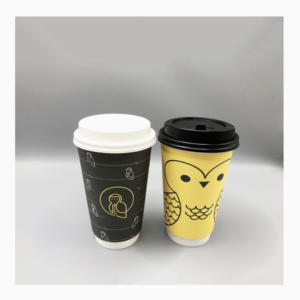 Gobelet en papier jetable à double paroi jaune avec logo noir personnalisé, 7 oz, 8 oz, 12 oz, 20 oz, pour boissons chaudes et froides, café, thé, avec couvercles en plastique - Product Image 3