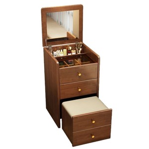 Tocador con tapa abatible de madera de caucho, mesita de noche pequeña para dormitorio, tocador de maquillaje moderno y minimalista, cajón de almacenamiento multifuncional - Product Image 5