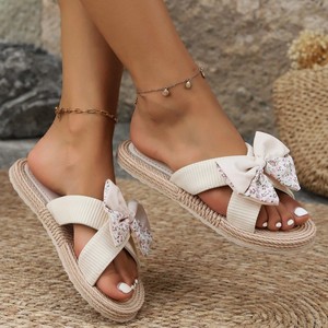 Nouvelles sandales d'été pour femmes, couleur unie, tendance mode, intérieur/extérieur, <span class=keywords><strong>beige</strong></span>, nœud fleuri - Product Image 2