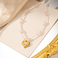 Collier en acier inoxydable plaqué or 18 carats de style bohème, collier à perles, pendentif en forme de cœur irrégulier en quartz rose, bijoux pour femmes
