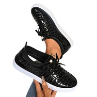Neue Trendige Damen-Sneaker aus Mikrofaserleder mit Perlenakzenten, Flache Schnürschuhe für Mode, Party und Freizeit