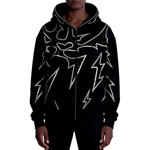 Sudadera con capucha negra para hombre con cremallera, estampado de rayo brillante, estilo urbano, corte regular, felpa francesa, 100% poliéster, con cremallera para otoño - Product Image 1