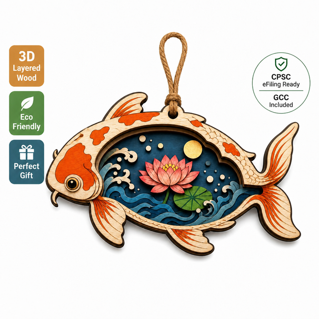 Koi Fish 3D Layered Wood Art | Multi-Layer Poplar Plywood Laser Cut | Chinese Style Zen Wall Decor | Wholesale |CPSC | Home Gift