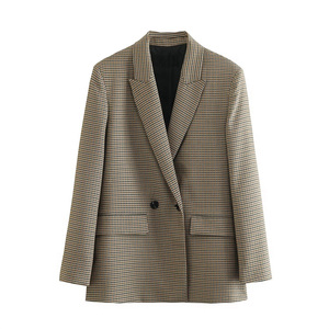 Blazer Donna PB&<span class=keywords><strong>ZA</strong></span> Autunno 2024 Nuova Moda a Quadri Doppio Petto Cappotto Vintage Manica Lunga con Tasche Capospalla Femminile - Product Image 1