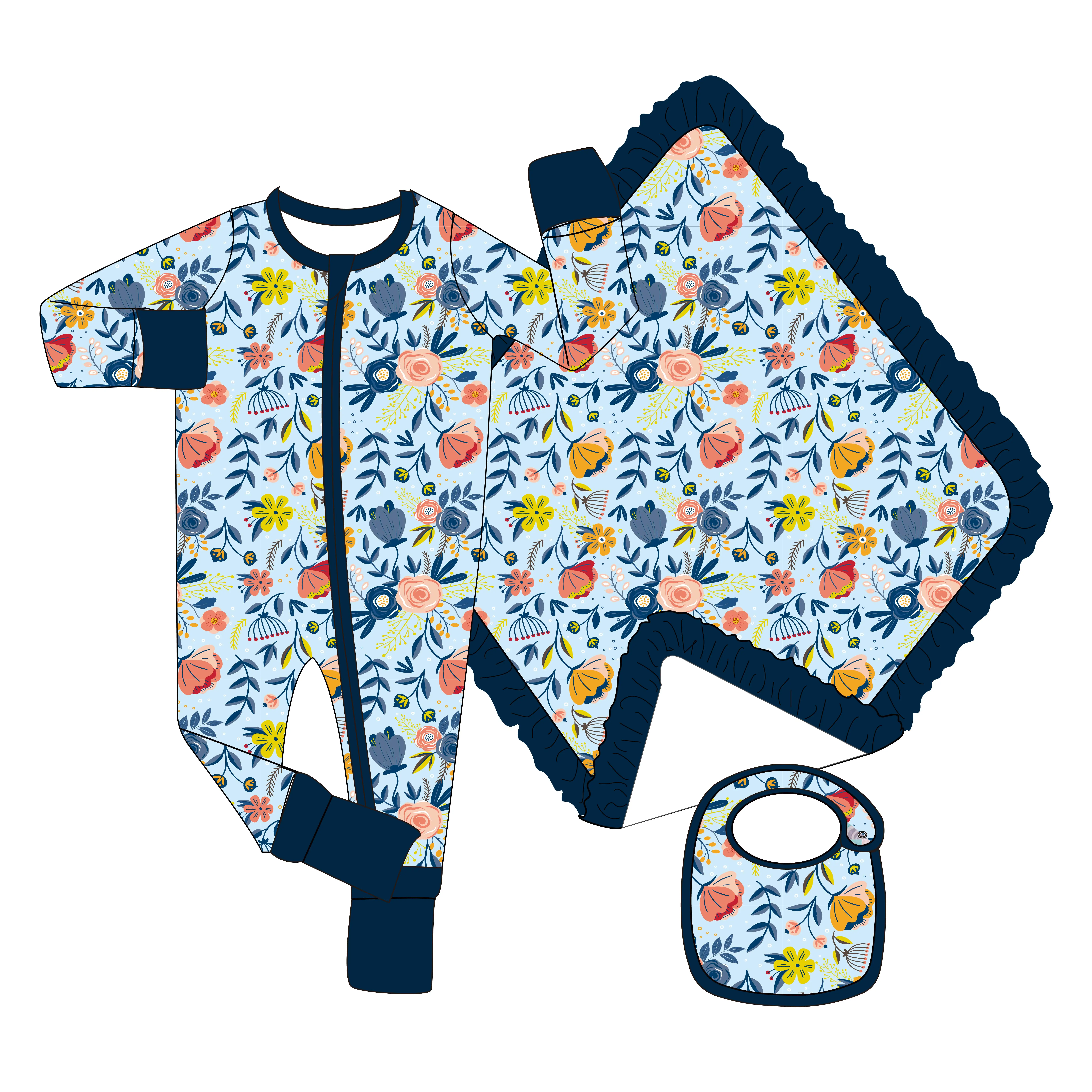 Yihui ODM新着ベビージャンプスーツ竹ロンパースジッパーパジャマ男の子と女の子の弓ヘッドバンド毛布