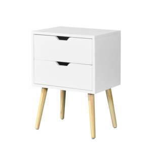 Table d'appoint DB moderne du milieu du siècle avec 2 tiroirs pieds en bois de caoutchouc pour chambre et salon meubles de rangement blancs - Product Image 2
