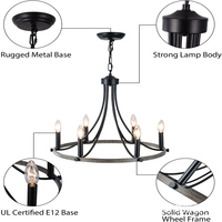 Lustre rustique américain de style farmhouse à 6 lumières, en fer noir et en bois, en forme de roue de chariot, pour la décoration de la maison