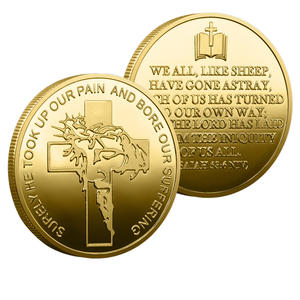 Koin Peringatan Tema Iman dari Paduan Seng Berlapis Dua Warna dengan Pola Salib Ayat Isaiah 53:6 Dia Mengambil Kesakitan Kita - Product Image 1