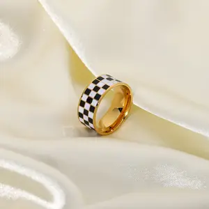 Minos Wholesale Women Fashion Hip Pop Jewelry Ring Stainless Steel 18k Gold Plated Checkered Black And White Ring