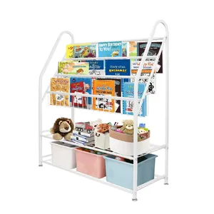 Buon prezzo per la camera dei bambini in metallo libreria con sei contenitori per giocattoli borse Multi-livello scaffale di conservazione del libro più venduto