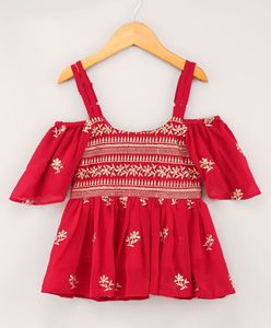 Conjunto Étnico Elegante para Niñas Twisha, Top Bordado con Sharara Bordada en Rojo (6 Meses a 14 Años) - Product Image 4