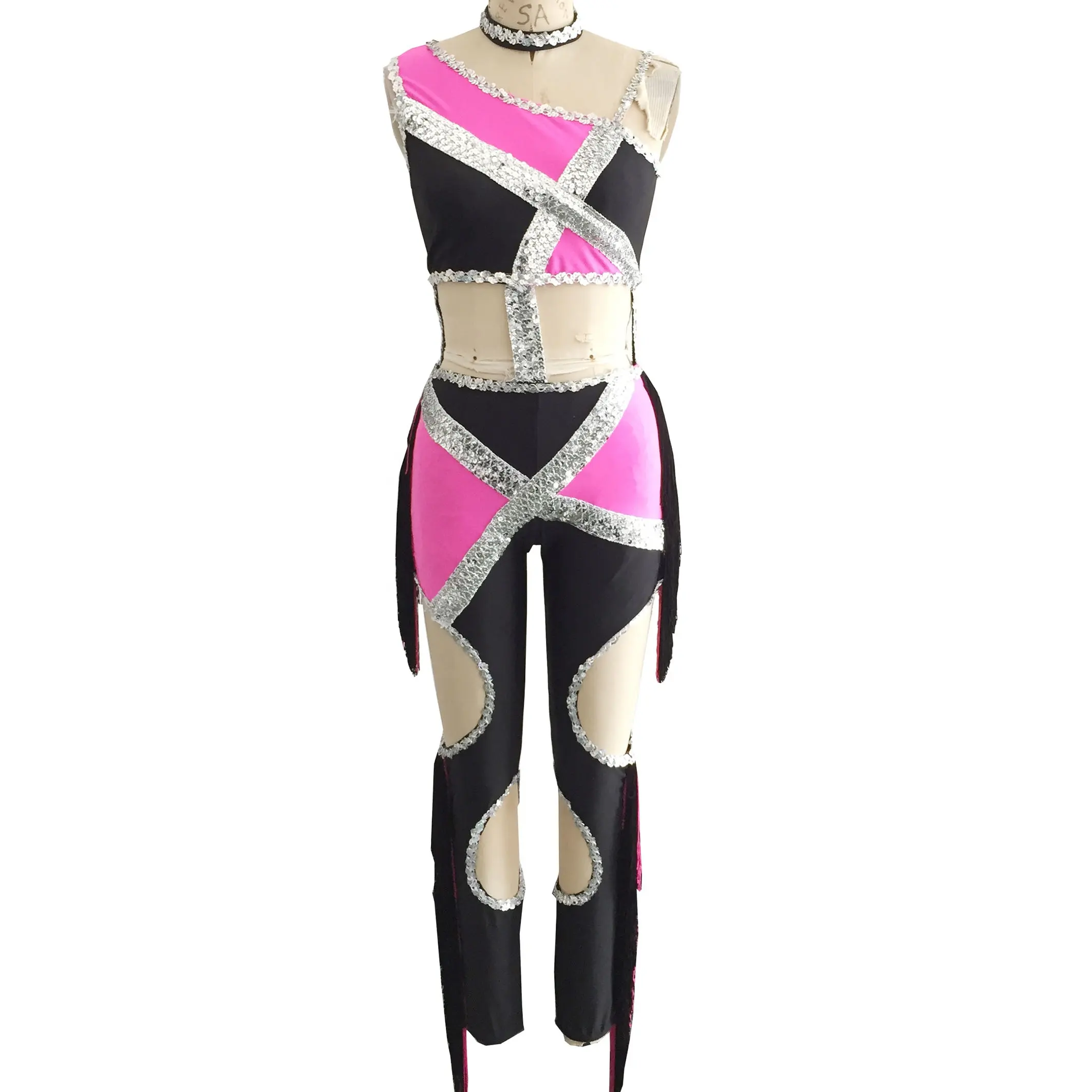 Combinaison noire et rose, tenue de danse pour fille, costume de danse de performance jazz cool pour fille, justaucorps de danse sur scène