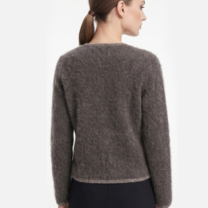 <span class=keywords><strong>Cardigan</strong></span> <span class=keywords><strong>gris</strong></span> vintage en maille à col rond et manches longues pour <span class=keywords><strong>femme</strong></span>, orné de boutons métalliques, en super mohair, à simple boutonnage - Product Image 2