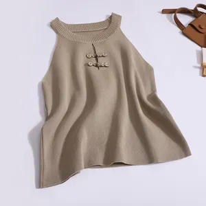 Camiseta sin mangas para mujer, novedad de verano, diseño de tirantes de punto con cuello colgante y botones de estilo chino Retro, venta al por mayor, 2024