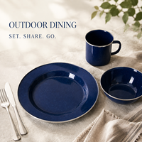 Ensemble de vaisselle de camping en émail bleu marine, assiette, bol, tasse et cuillère pour pique-nique en plein air, logo personnalisé, fournisseur en gros, usine