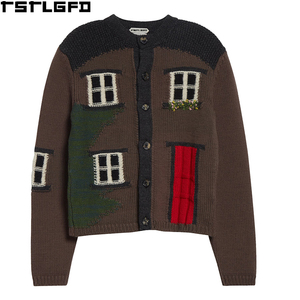 Cardigan en laine intarsia coupé-cousu pour homme, gris taupe, motif maison, col rond, streetwear, pulls pour homme, vente en gros pour fabricants - Product Image 2