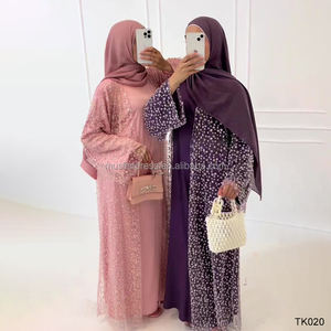 Habib Dubai da donna modesto Abaya aperto modesto Set traspirante pieno di perline in pizzo Kimono Abaya Robe all'ingrosso abbigliamento islamico - Product Image 1