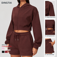 Ensemble de sport en polaire deux pièces pour femmes, 65% polyester, 35% coton, capuche, fermeture éclair sur le devant, manches longues, short à cordon de serrage, vêtements de sport