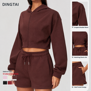 Conjunto Deportivo de Dos Piezas para Mujer, 65% Poliéster, 35% Algodón, Sudadera con Capucha y Cremallera Frontal, Pantalones Cortos con Cordón, Ropa Deportiva - Product Image 2