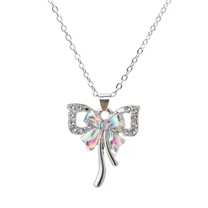 Fashion Temperament Inlaid Rhinestone Bow Pendant Necklace for Women Exquisite Sweet Clavicle Chain Gift Accessories