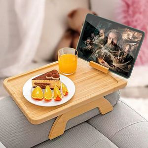 Bamboo Armrest Tray Folding Table With <b>Tablet</b> <b>Stand</b> <b>For</b> Sofa Breakfast Snack Serving Plate Square Shape Center Position - Product Image 1