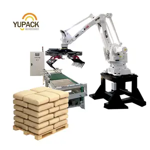 Automatic Row Pushing & Robotic Paper Bag Palletizer Automatic Palletizer/Robot Stacker for Bags of seeds, grains, rice