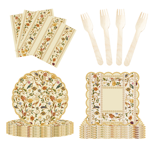 DAMAI New Customized Flower Theme Birthday Party <b>Disposable</b> Paper Plates Napkin Cups Brown Floral Tableware Set - Product Image 3