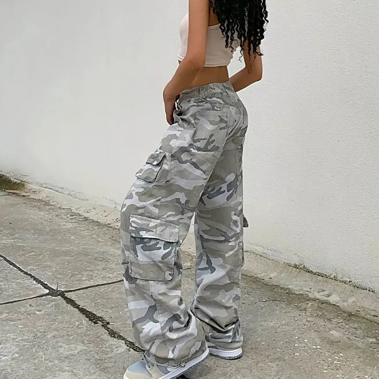 Custom OEM Manufacturer Vintage Pockets High Waist Streetwear baggy Casual ladies parachute camo Cargo Pant for women Trousers