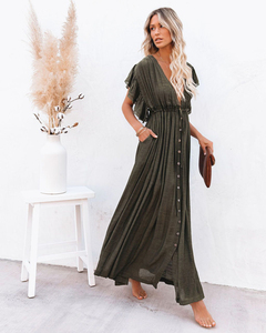 2022 manica corta donna casual elegante <span class=keywords><strong>verde</strong></span> scollo a v flowy maxi abito <span class=keywords><strong>lungo</strong></span> estivo bohémien da spiaggia <span class=keywords><strong>con</strong></span> bottoni - Product Image 4
