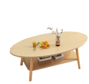 Table basse vintage en cuir, ovale, en chêne clair, minimaliste, à deux niveaux, avec étagère de rangement et pieds en bois évasés, moderne - Product Image 2