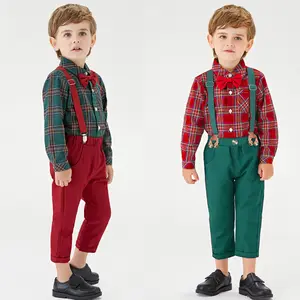2023 European And American Children's Christmas Clothes New Boy Plaid Cardigan Suspenders Bow Tie Festive Suit Trendy Style
