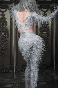 Argent manches longues strass franges barboteuses Sexy Club gland <span class=keywords><strong>combishort</strong></span> danse Costume scène Performance porter femmes combinaison - Product Image 3