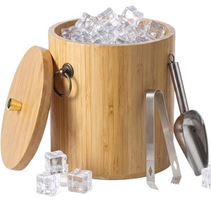 Wooden Ice <b>Bucket</b> <b>With</b> <b>Lid</b> And Tongs Set For Parties And Home Use Round Minimalist Design - Product Image 1