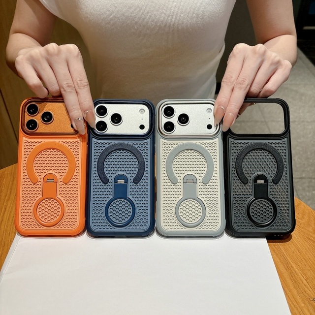 Matte Honeycomb Magnetic Holder Mobile Phone case for iPhone 17 16 15 Pro Max Stand Breathable Mesh Ring Ventilated Back Cover